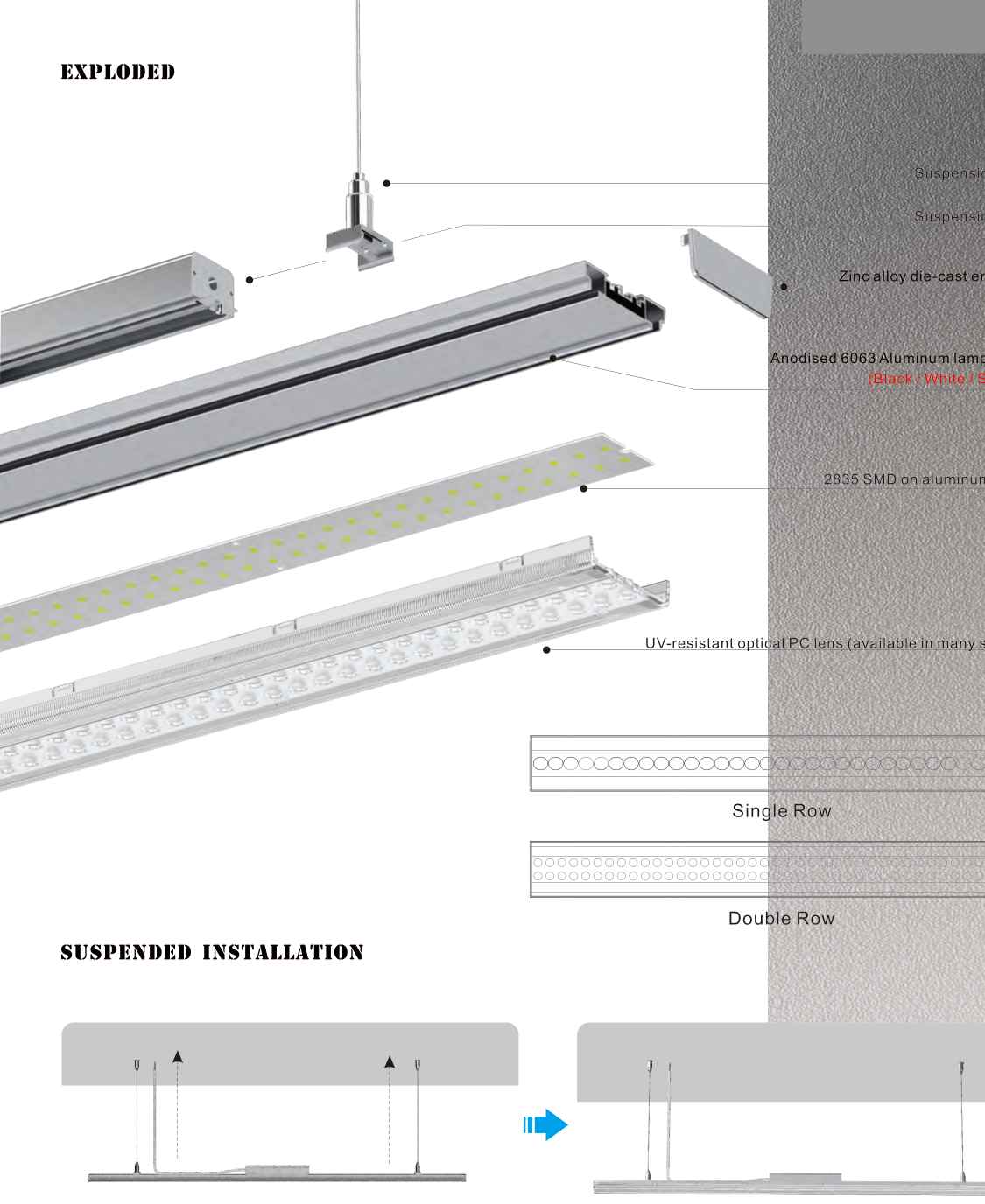 Exploded view of the Glory Series linear light: suspension kits, zinc alloy end caps, 6063 aluminium body, LED PCB and optical PC lens
