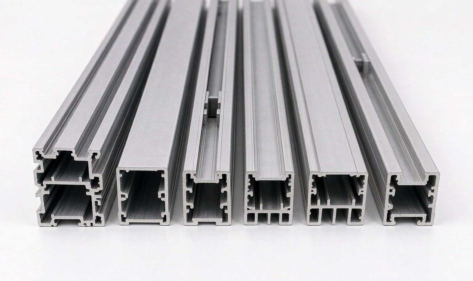 Extruded aluminium profiles stacked ready for cutting