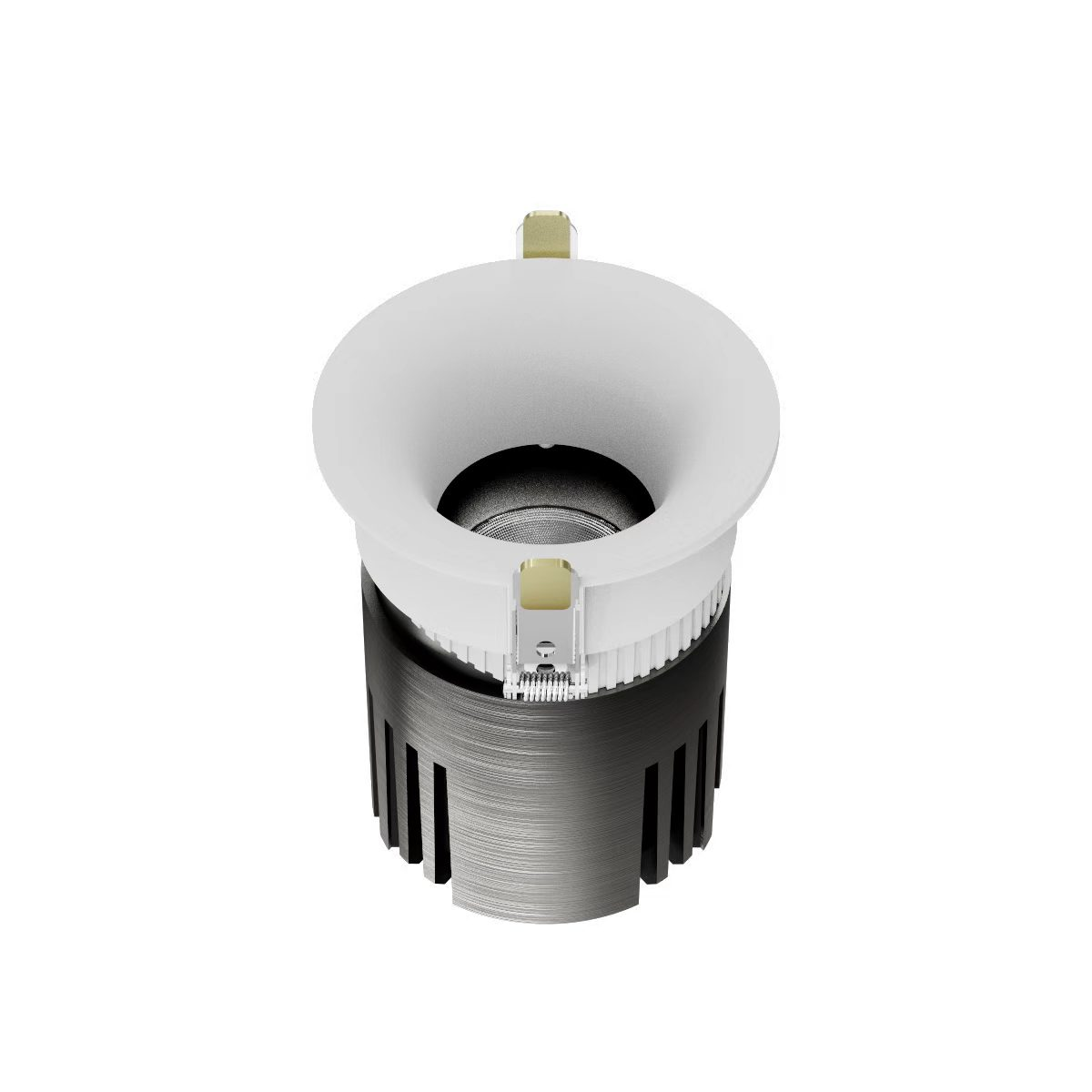 Recessed spotlight housing with white trim ring and spring brackets
